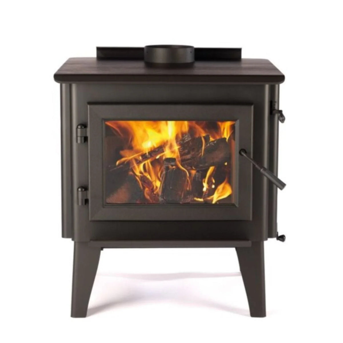 Front view of the WoodPro WP 300 freestanding wood heater with fire burning