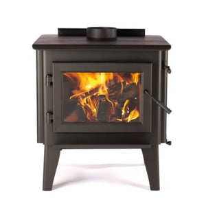 Front view of the WoodPro WP 300 freestanding wood heater with fire burning