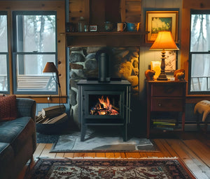WoodPro WP 300 freestanding wood heater burning in a traditional living room