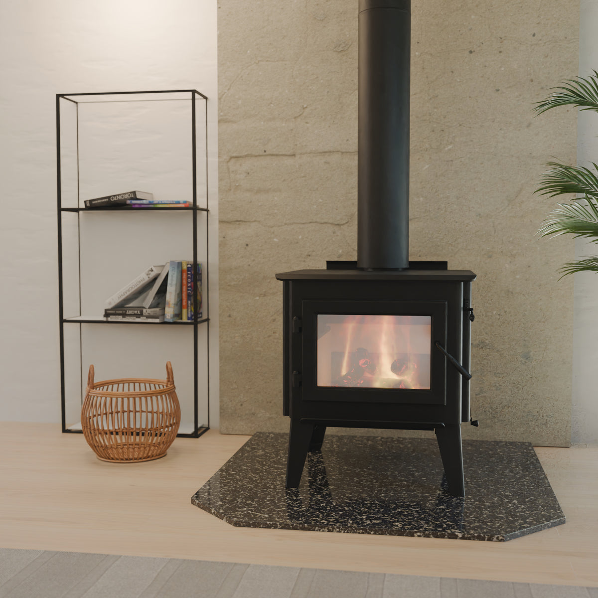WoodPro WP 300 freestanding wood heater installed against a stone wall in a modern living room