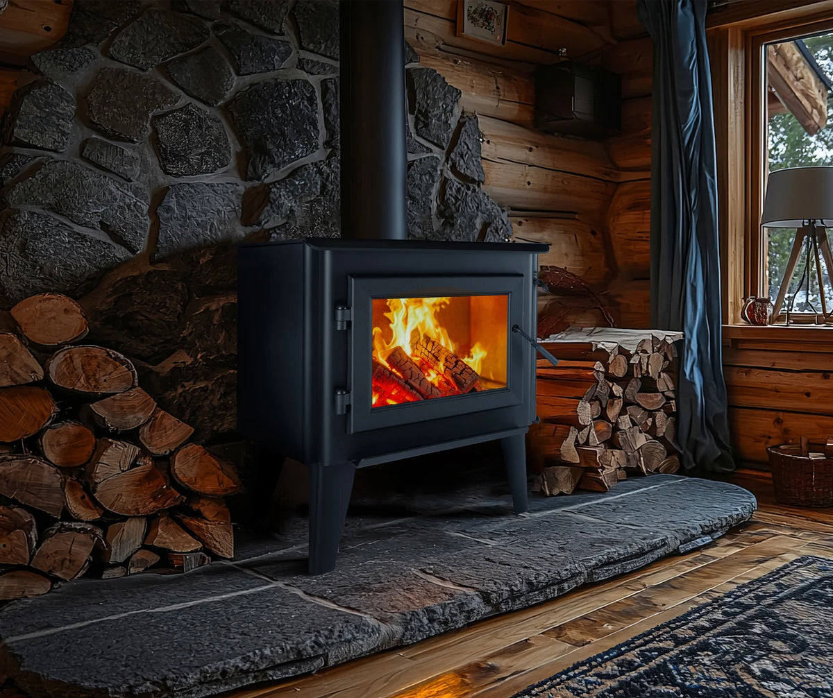 WoodPro WP 300 freestanding wood heater installed in a rustic home with stacked firewood