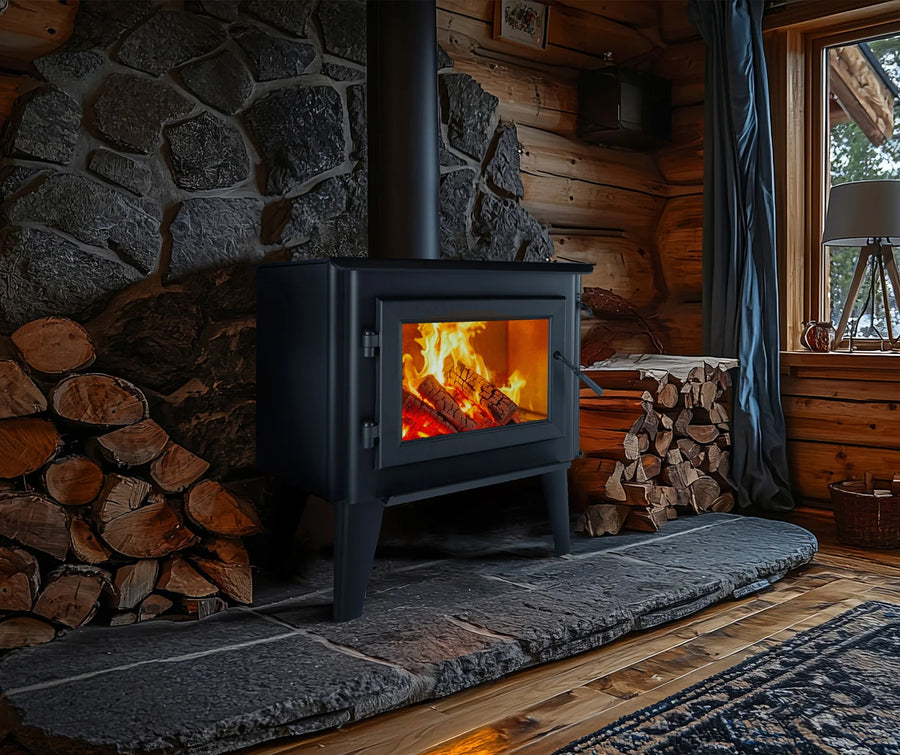 WoodPro WP 300 freestanding wood heater installed in a rustic home with stacked firewood