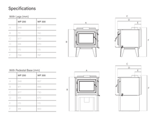 WoodPro WP200 and WP300 wood heater dimensions with legs and pedestal base