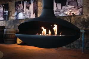 Aurora Aether suspended wood fireplace with open flame