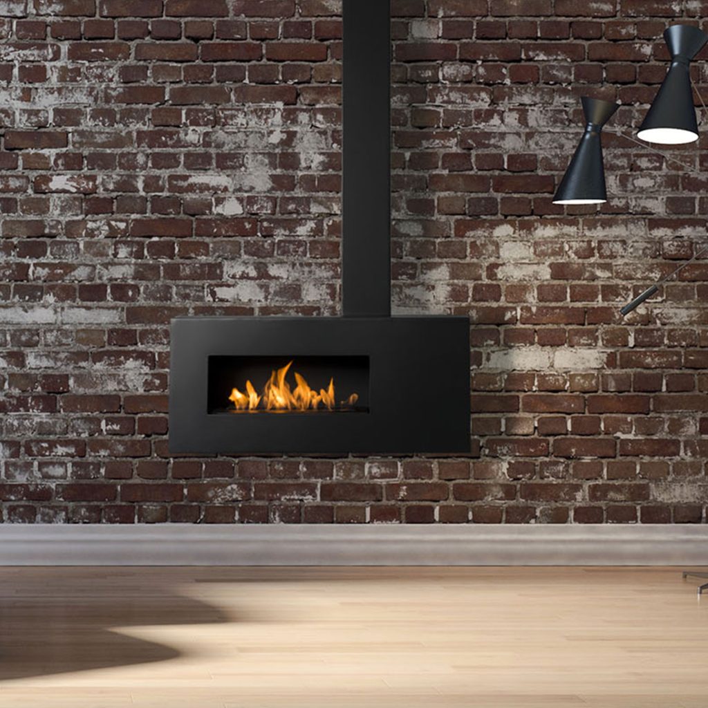 Aurora Elemental suspended bioethanol fireplace against a brick feature wall