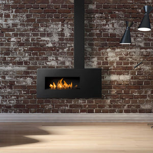 Aurora Elemental suspended bioethanol fireplace against a brick feature wall