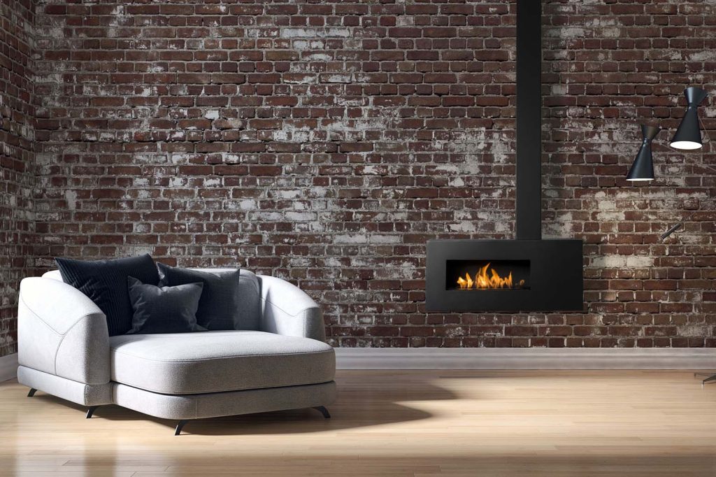 Aurora Elemental suspended bioethanol fireplace in a contemporary living room