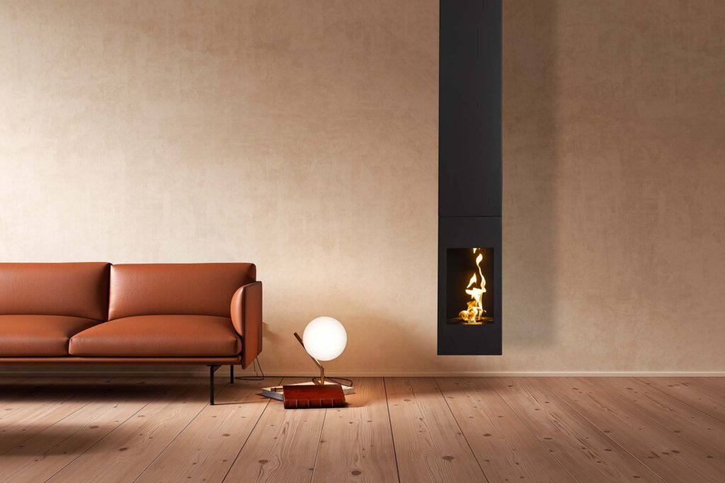 Aurora Evolve suspended bioethanol fireplace installed in a contemporary living room