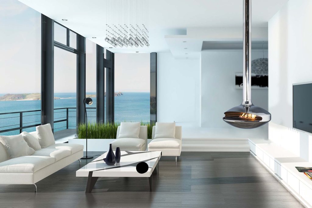Aurora Marino suspended stainless steel fireplace in a contemporary waterfront living room
