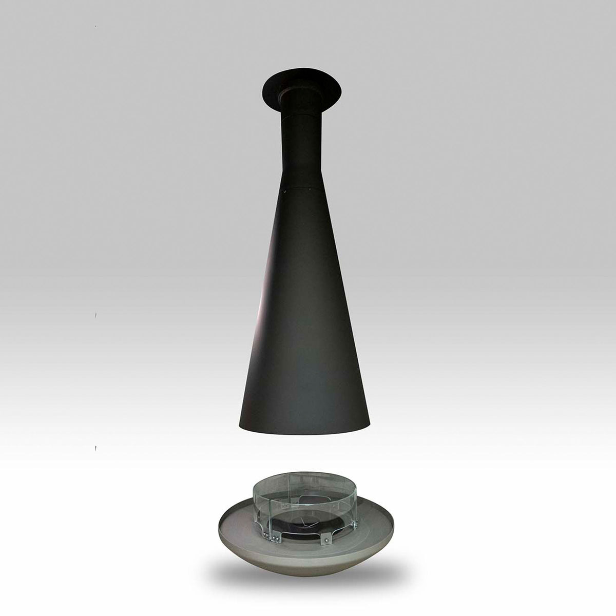 Aurora Zentai suspended bioethanol fireplace with black hood and circular burner base