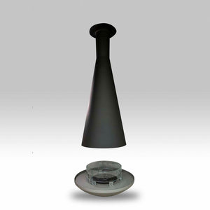 Aurora Zentai suspended bioethanol fireplace with black hood and circular burner base