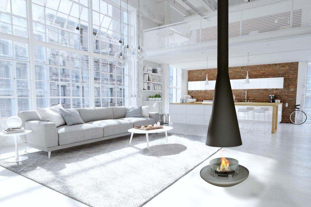 Aurora Zentai suspended bioethanol fireplace in a contemporary open-plan living room