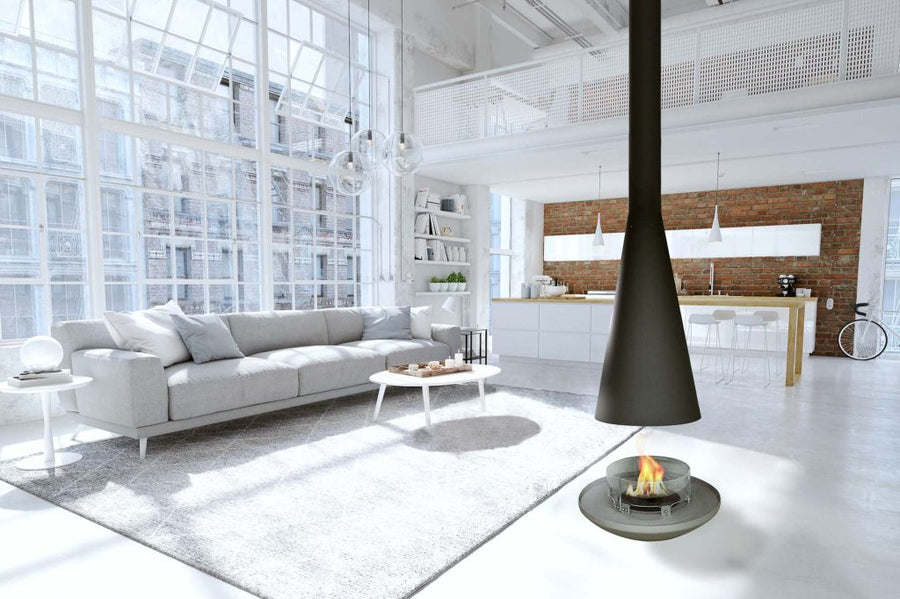 Aurora Zentai suspended bioethanol fireplace in a contemporary open-plan living room