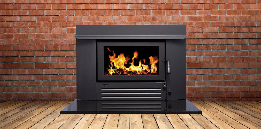 Coonara Settler I600 inbuilt wood heater installed in a brick fireplace