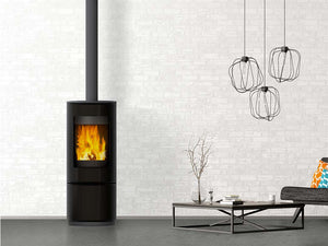 VisionLINE Carina wood stove with circular design and concentric spigot, compact round wood fireplace for cozy heating