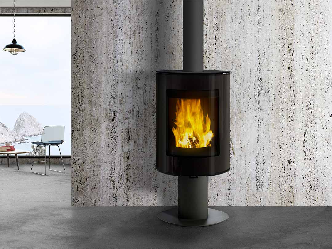 VisionLINE Musca wood stove with spinning design, black steel fireplace for cozy wood-burning heating.